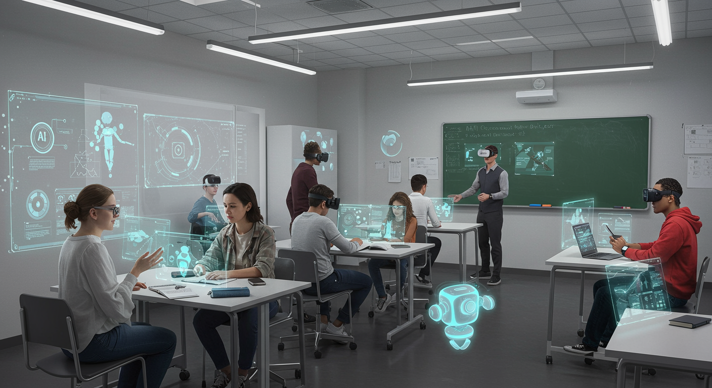Futuristic classroom with AI assisting students